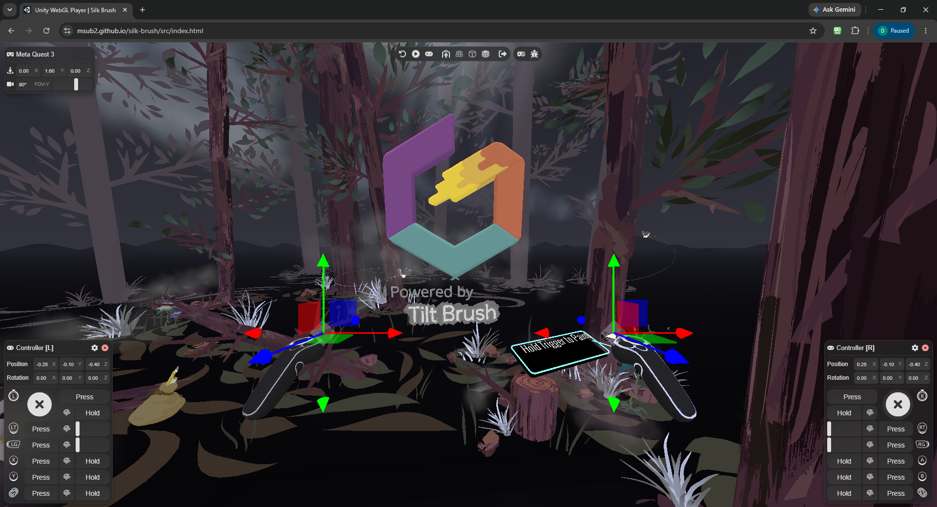 A screenshot of Silk Brush open in the Immersive Web Emulation Runtime